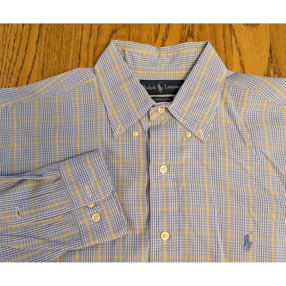 Vintage 90s Ralph Lauren Yarmouth Shirt Men's L 16 34 35 Plaid Button Down Blue